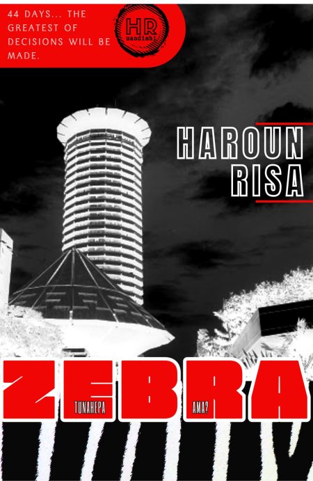 Book cover for Zebra: The Deceased Is Your Size by Haroun Risa, showing a black and white graphic of the KICC building and red text.